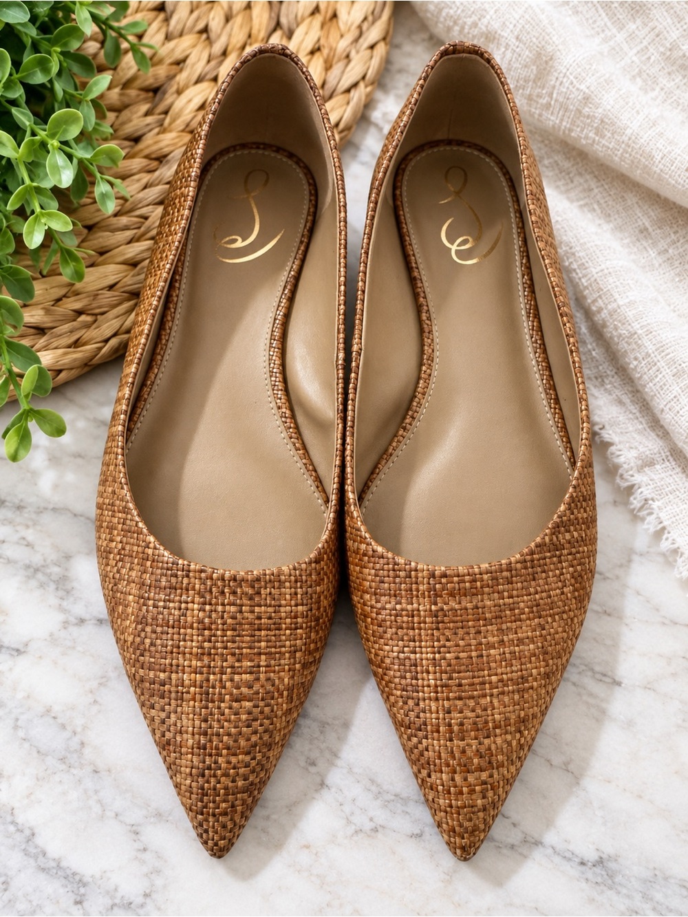 Sam Edelman Pointed-Toe Woven Flats in Tan